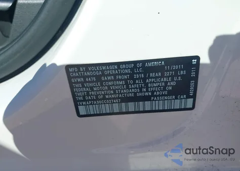 2012 Volkswagen Passat 2.5L S z USA, uszkodzony, nr VIN 1VWAP7A30CC027457